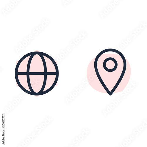 Minimalist linear icons set featuring a circular globe and a location pin map marker illustration