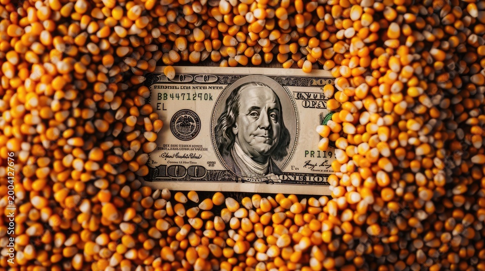 Fototapeta premium a dollar bill is laying on top of a pile of corn
