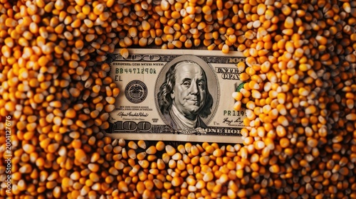 a dollar bill is laying on top of a pile of corn