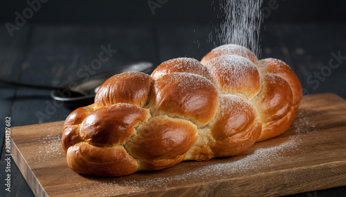 Freshly baked braided challah bread on a wooden board with powdered sugar falling from above