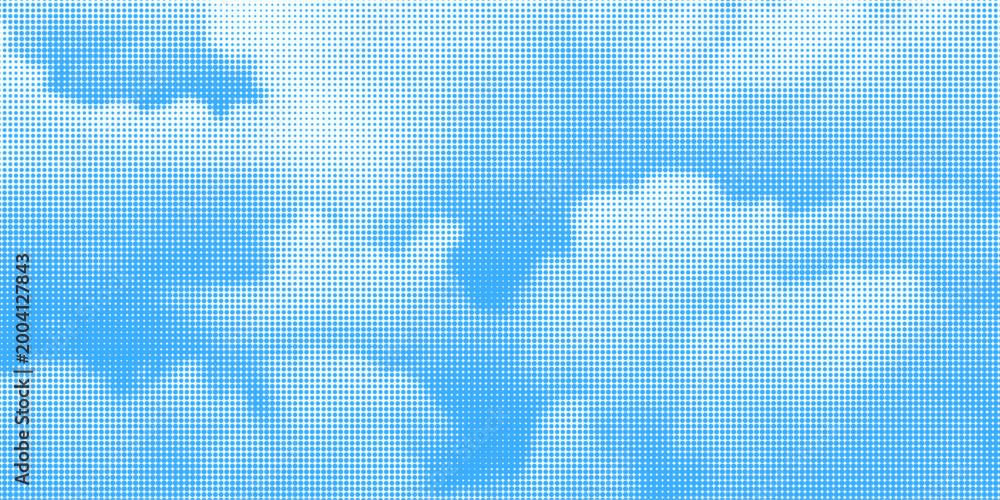 Fototapeta premium Halftone cloud background. White dotted clouds in blue sky. Comic pop art heaven wallpaper for banner, collage, poster, leaflet, brochure. Rasterized smoke, smog or fog texture. Vector illustration