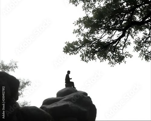 Silhouette of person meditating on rock with tree branches on bright sky background