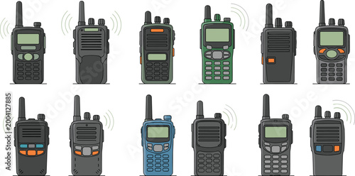 Walkie Talkie Icon Set with Various Two-Way Radio Designs for Communication, Emergency, and Outdoor Use in Websites, Apps, and Digital Media Graphics
