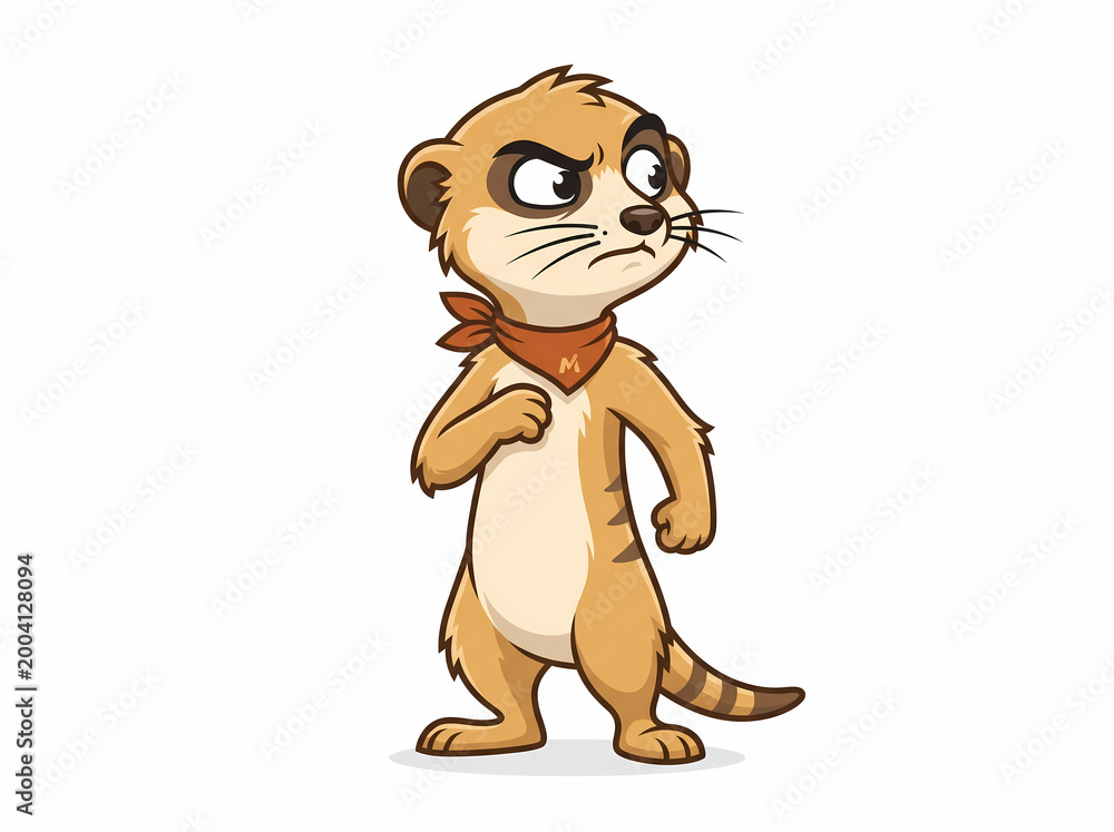 Fototapeta premium Cartoon illustration of a grumpy meerkat standing with a bandana.