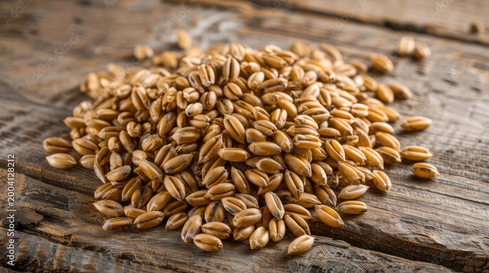 Obraz premium a bunch of wheat ears and seeds on a wooden table