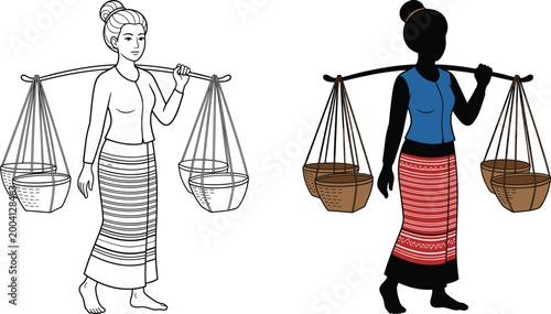 Woman Carrying Baskets Vector Set with Traditional Clothing and Rural Scene for Agriculture, Farming, and Cultural Design