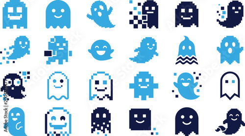 Tableau sur toile Collection of playful ghost icons in pixel art and flat styles, various colors and expressions