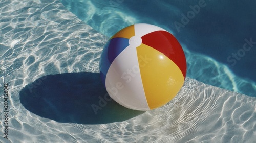 Colorful beach ball floating in a swimming pool. the ball is round and has a red, yellow, blue, and white striped pattern on it.