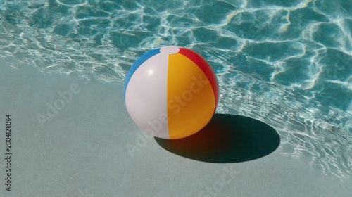 Colorful beach ball floating on the edge of a swimming pool. the ball is round and has three colors - red, orange, and white.
