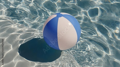 Blue and white beach ball floating in a swimming pool. the ball is spherical in shape and appears to be floating on the surface of the water.