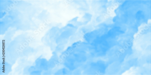 Halftone cloud background. White dotted clouds in blue sky. Comic pop art heaven wallpaper for banner, collage, poster, leaflet, brochure. Rasterized smoke, smog or fog texture. Vector illustration