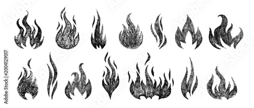 Crayon fire flame vector drawn icon hand brush shape in sketch style. Black rough stroke with grunge texture and smoke details. Handdrawn doodle art for tattoo, music, sticker, punk or retro design.
