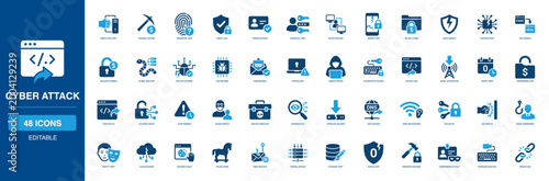 Hacker Threat and Cyber Attack Solid Icon Set Exposing Theft Credential Fake Phishing Keylogger Interception Ransomware Exploit Hijacking Trojan Database Cracking Compromised Injection Virus