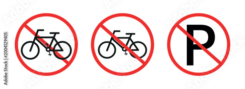 No parking vector signs set. Don't park here icon. No bicycle sign. Parking prohibited symbol. No bike allowed sign red circle line vector isolated illustration. 