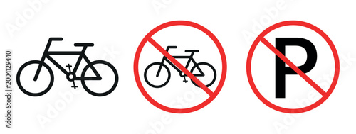 No parking vector signs set. Don't park here icon. No bicycle sign. Parking prohibited symbol. No bike allowed sign red circle line vector isolated illustration. 