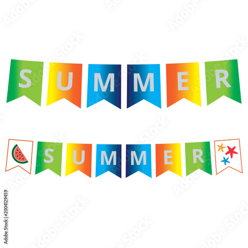 Summer party banner with colored pennants isolated on a white background