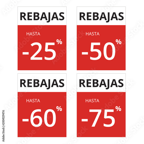 Red rebajas with different percents banners on a white background (trad. sale)