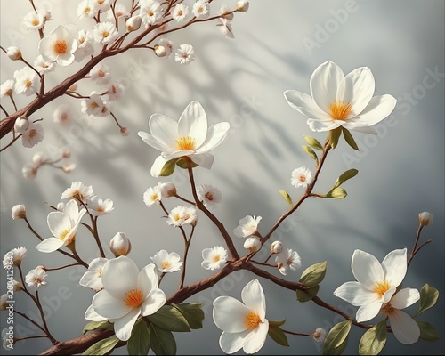 Elegant white magnolia and cherry blossom branches in soft dreamy background