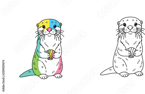 Cute Kawaii Otter Holding Shell Vector Illustration Colored and Black and White Outline for Coloring Book