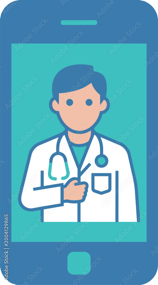 Fototapeta premium Telemedicine illustration of a male doctor on smartphone screen for virtual healthcare consultation