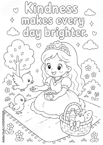 coloring book  queen showing kindness to animals on a peaceful picnic blanket