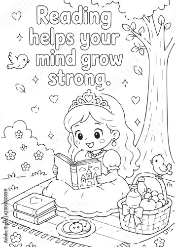 coloring book  queen reading outdoors to grow a strong mind
