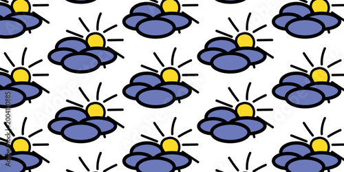 Seamless Pattern with Cartoon Clouds and Sun Icons on White Background Vector Illustration