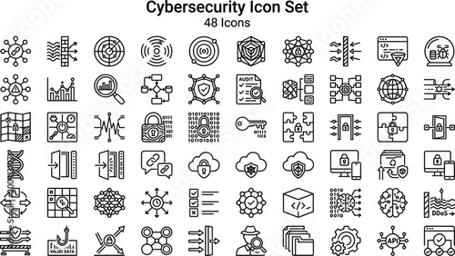 Cybersecurity icon set with network protection encryption threat detection data security and modern digital outline vector symbols collection