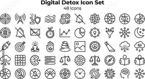 Foto Digital detox icon set with mindfulness focus relaxation screen time control and