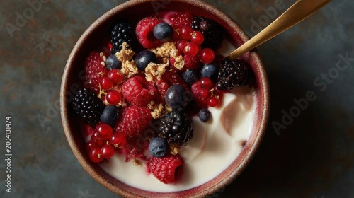Close-up of a bowl of yogurt with a variety of fresh berries and granola on top. the bowl is made of ceramic and has a brown rim.