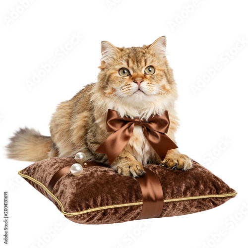 Cozy Cat Lounging on Plush Bed with Charming Bowtie Accessory Isolated on transparent background