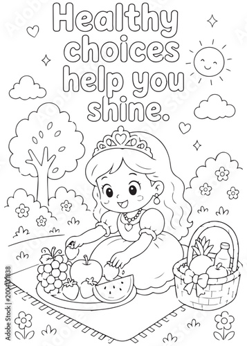 coloring book page queen choosing healthy foods and shining with bright energy