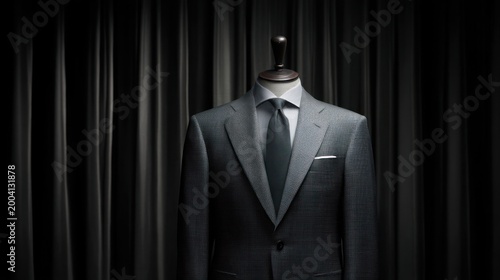 Formal gray suit, tie, shirt, and pocket square on a mannequin in front of black curtains