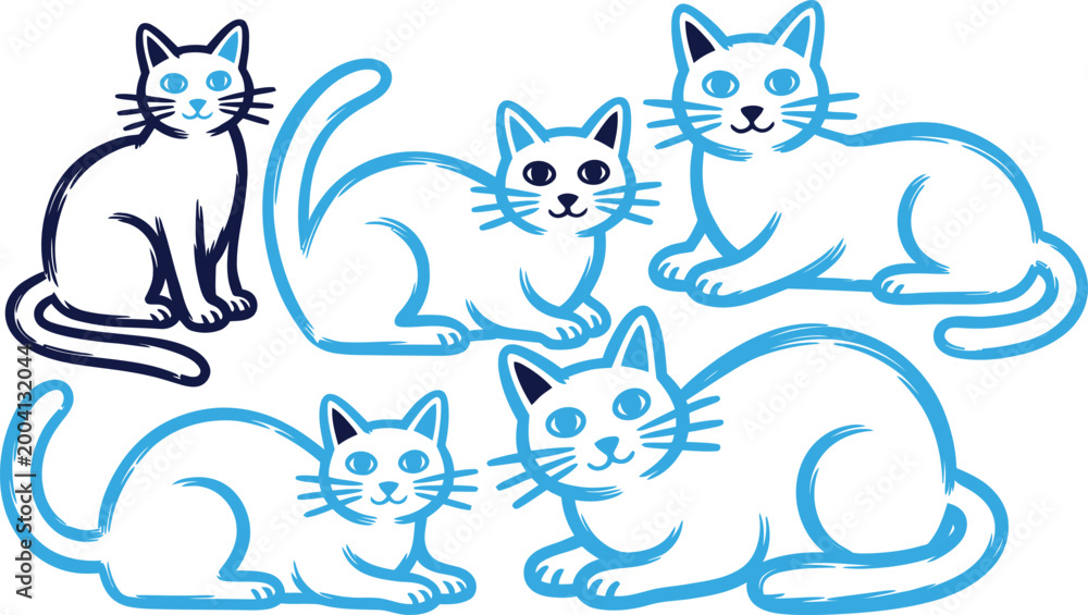 Obraz premium Cute cartoon cats illustration in blue outline and white filling on isolated background.