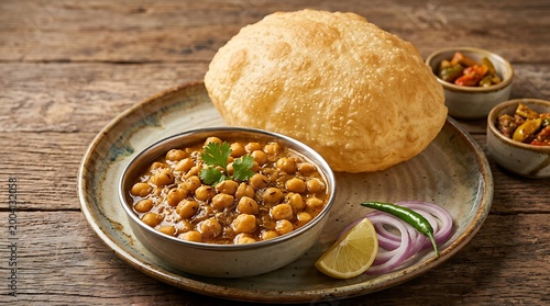 Delicious chole bhature plate with spicy chickpea curry and fluffy fried bread served on a rustic wooden table