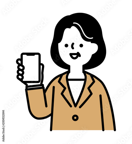 スマートフォンの画面を見せる笑顔のシニア女性のイラスト