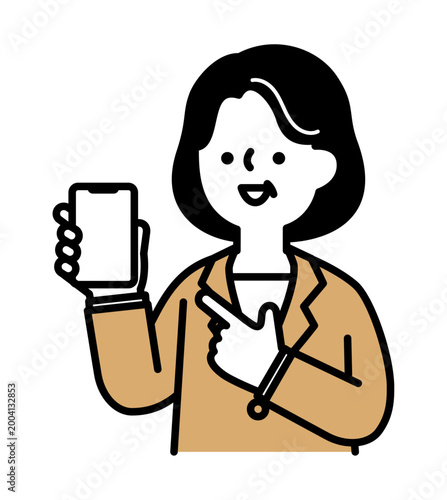 スマホを指差す笑顔のシニア女性のイラスト