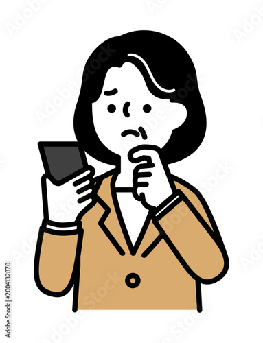 スマートフォンを持っている困り顔のシニア女性のイラスト