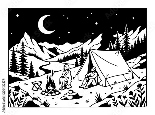 Night Camping in Mountains Illustration