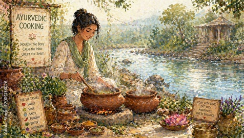 Serene Watercolor Illustration of Ayurvedic Cooking by the River