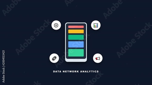 Animated 2D Smartphone UI with Data Network Analytics and Digital Marketing Icons