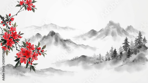 Traditional sumi e painting of cherry blossoms and misty mountains