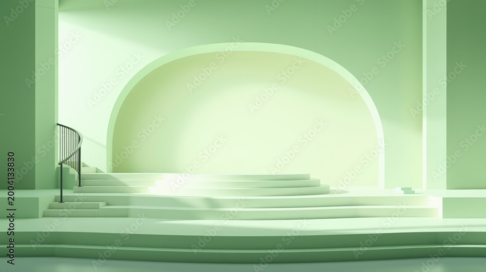 Obraz premium Minimalist interior. Soft light illuminates curved architecture, stairs leading upwards. Pastel green hues dominate serene space.