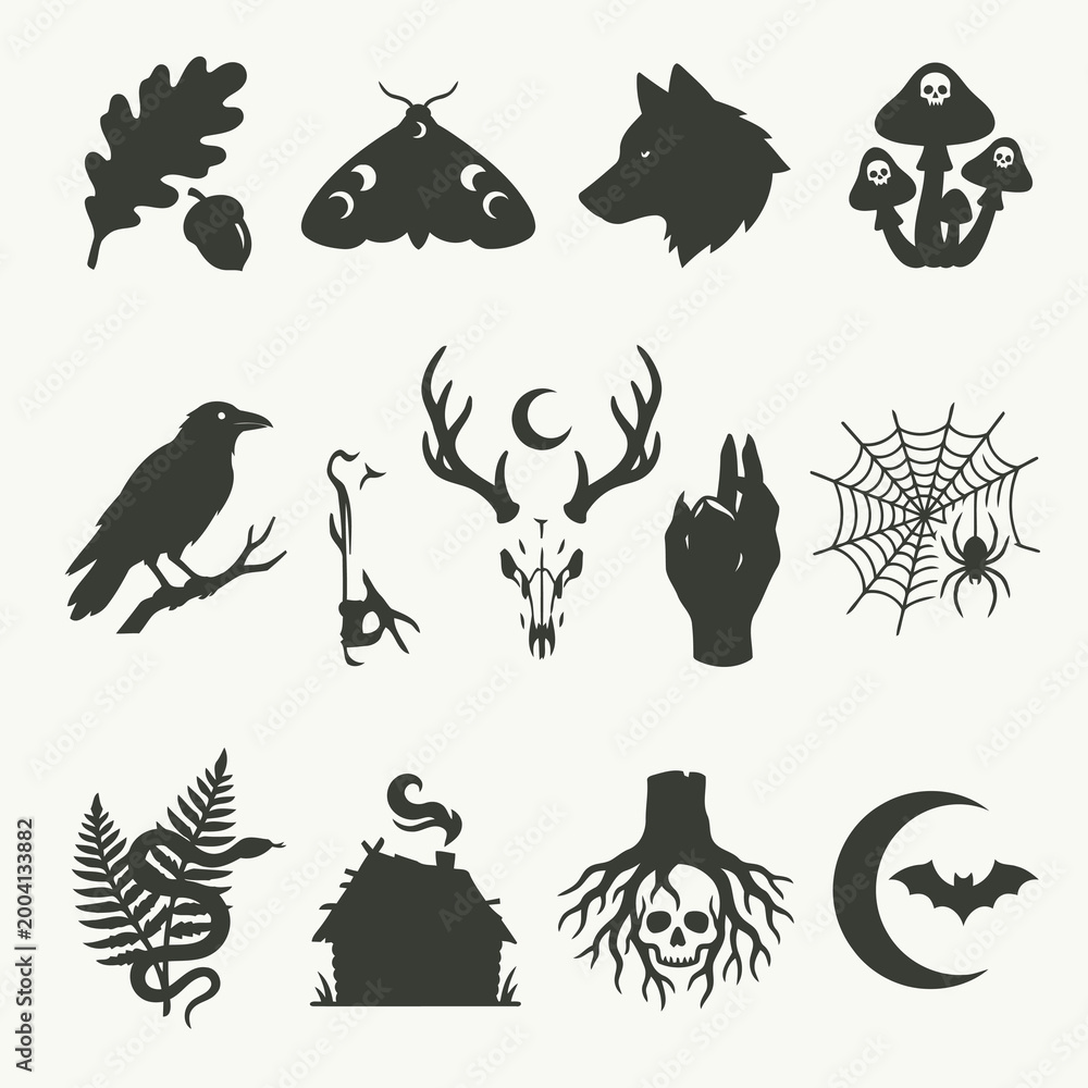 Obraz premium Mystical Forest Silhouette Collection Dark Nature Symbols, Ancient Creatures, and Occult Icons. Ideal for Gothic, Pagan, and Fantasy Designs, Evoking a Profound Woodland Aesthetic