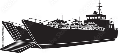 Military Landing Craft Utility Ship with Ramp Down and Tanks Onboard.