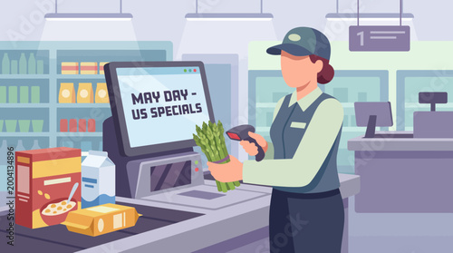 Female cashier scanning fresh vegetables at supermarket checkout