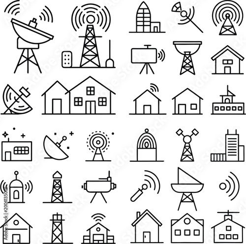 A collection of intricate illustrations captures a series of iconic communication structures and infrastructure, conveying technological advancement and connectivity.