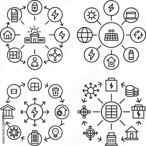 Illustrative depictions of renewable energy concepts. Showcasing interconnected diagrams on clean energy and sustainability.