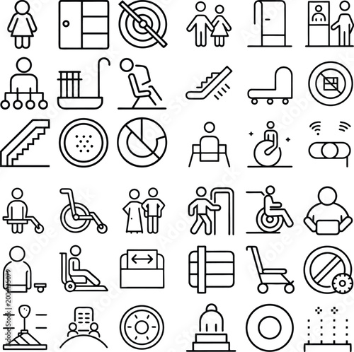 Set of minimalist and streamlined, line-art icons depicting various accessibility symbols. These icons are ideal for illustrating concepts related to inclusivity.