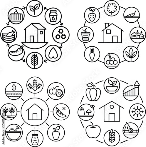 A set of four circular diagrams, illustrated in a minimalist line art style, depict interconnected icons representing various aspects of agriculture, home, and food production.